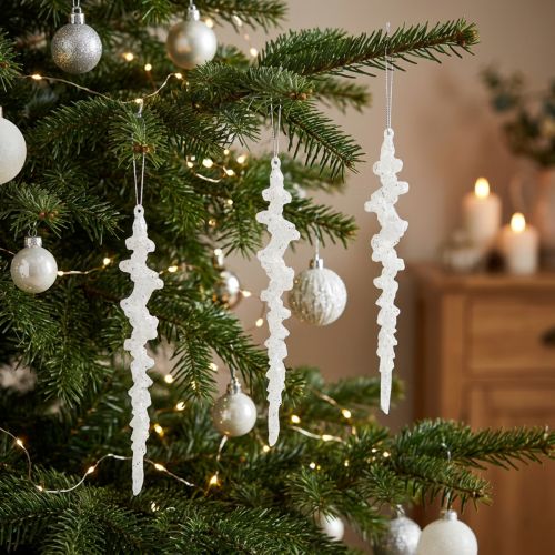 Product Glitter icicles for hanging winter decoration white 24cm 4pcs