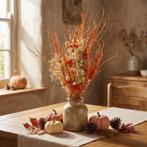 Product Decorative dried bouquet "Thistle &amp; Yarrow" Orange-Natural in Bleached, 55cm, 150g - Country House Style