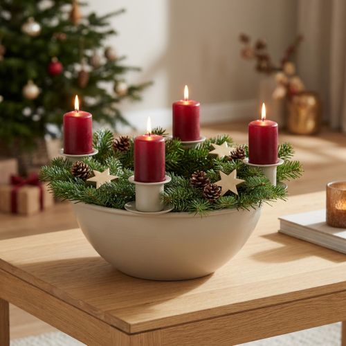 Candle Holder Bowl with 4 Holders in Beige, 15cm, Modern Advent Wreath Base | Floristik24.co.uk