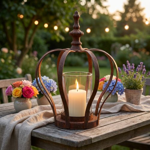 Lantern Crown Brown Rust With Candle Glass Ø14cm H18cm | Floristik24.co.uk
