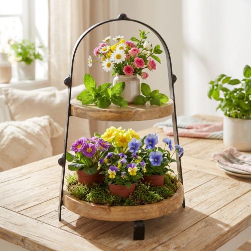 Wooden and metal tiered serving stand, natural black, 2-tiered, Ø25.5cm, H38cm | Floristik24.co.uk
