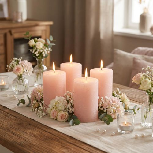 Romantic solid-colored pink pillar candles, light pink, 70×80mm, set of 4 - Decorative candles for a cozy atmosphere | Floristik24.co.uk