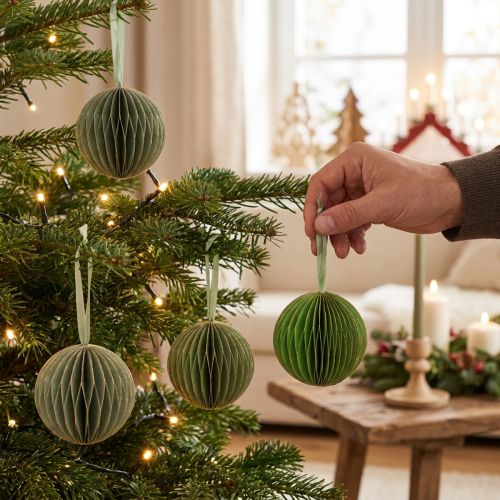 Christmas baubles, paper honeycomb balls, green and gold, 7cm, 4 pieces, decoration | Floristik24.co.uk