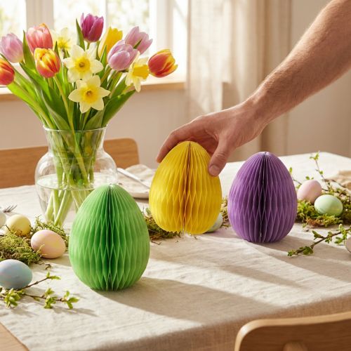 Product Honeycomb eggs Easter paper standing green yellow purple 20cm 3pcs
