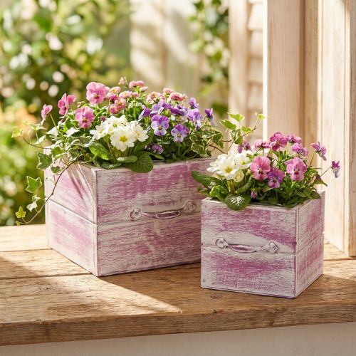 Plant drawer with handle pink white wood 12/15cm set of 2 | Floristik24.co.uk