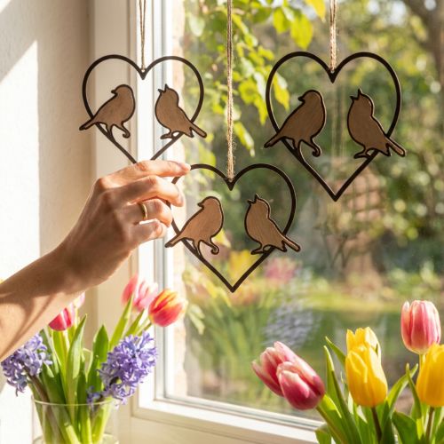 Hanging decoration heart with birds decoration for hanging 12 cm 4 pieces | Floristik24.co.uk
