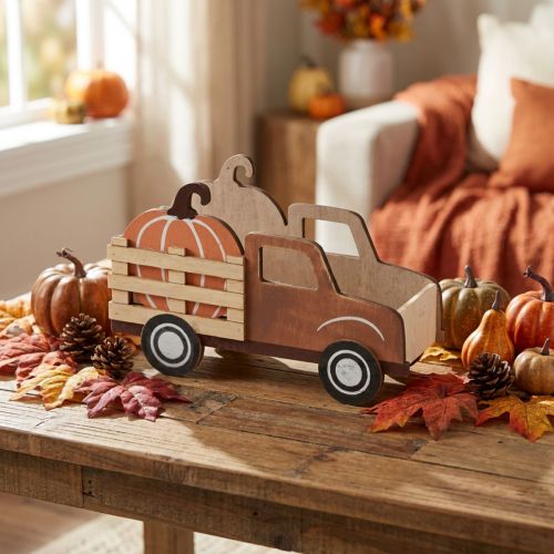 Table decoration autumn pumpkin decoration delivery truck wood 20×7.5×12.5cm | Floristik24.co.uk