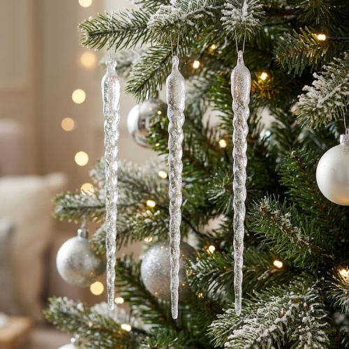 Winter decoration icicles for hanging clear silver 28cm 3pcs | Floristik24.co.uk