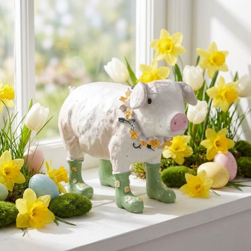 Product Decorative pig with rubber boots – Funny farm figurine with flower wreath 15.5cm