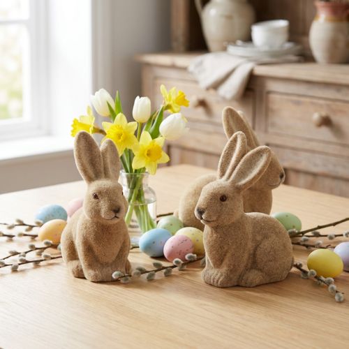 Decorative Sitting Easter Rabbits Brown – 2nd Choice – Flocked H15cm 4 pcs | Floristik24.co.uk