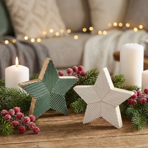 Wooden Stars Fluted Table Decoration Green Mint White 11cm 6 pcs | Floristik24.co.uk