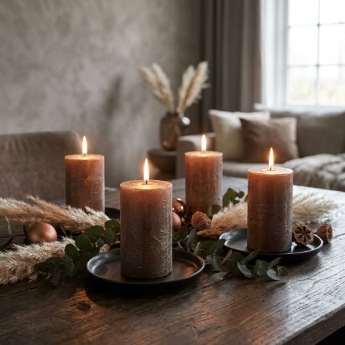 Modern pillar candles, set of 4 in copper brown metallic, Ø70x100mm - Elegant, solid-colored candles for stylish decoration | Floristik24.co.uk