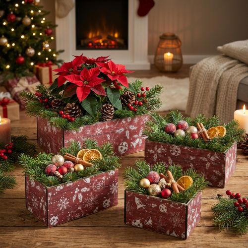 Vintage Christmas flower box, wooden planter, red, 24-40cm, set of 4 | Floristik24.co.uk