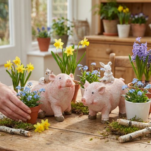 Set of 2 Pig Figurines with Woodland Friends, Polyresin, 9.3×7.5/8.5cm, Pink and White | Floristik24.co.uk