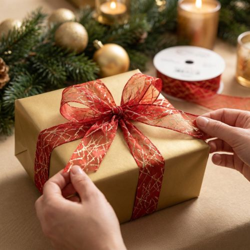 Christmas ribbon with stars net red and gold 25mm 18m | Floristik24.co.uk