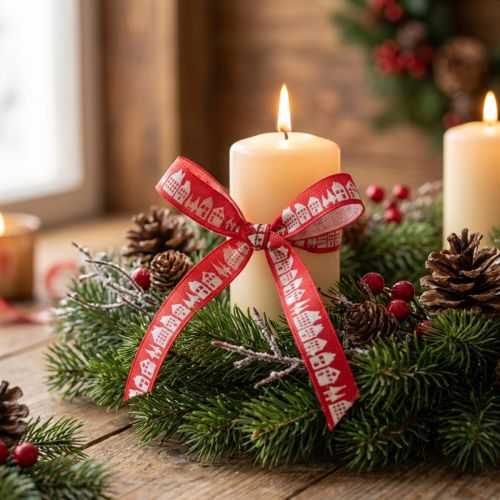 Red Christmas ribbon with white houses 15mm 20m | Floristik24.co.uk