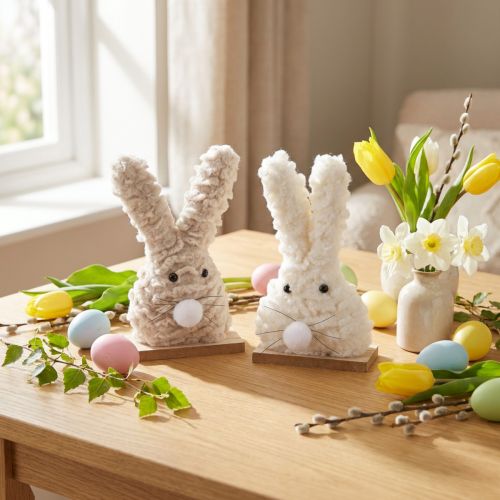 Decorative Easter bunny made of plush – fluffy Easter decoration in beige & white on wooden base H18cm 2 pcs | Floristik24.co.uk