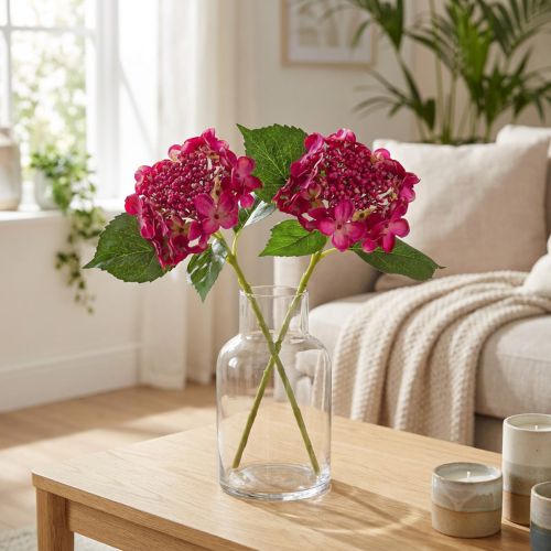 Artificial Hydrangea Pink Branch Flower Leaves 43cm 2pcs | Floristik24.co.uk