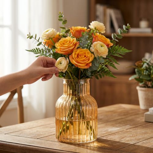 Product Glass Flower Vase in Retro Design, Orange Ribbed, Ø13.5cm, H20cm