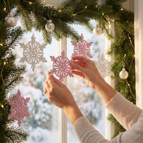Wooden Snowflake 8-12cm Pink/White 12pcs. | Floristik24.co.uk