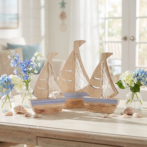 Sailboat Centrepiece and Shelf decor Natural Wood Light Blue 25.5×16.5cm 3 pcs | Floristik24.co.uk
