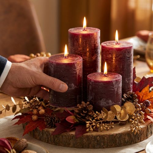 Burgundy colored pillar candles, 70x80mm, 4-pack, for elegant decoration and long burning time | Floristik24.co.uk