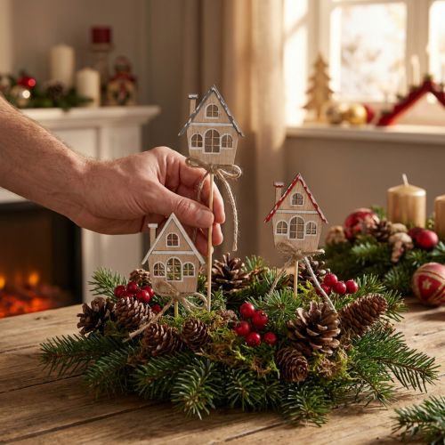 Christmas pot stakes Little Houses Wood 4.5×5cm 12 pcs | Floristik24.co.uk
