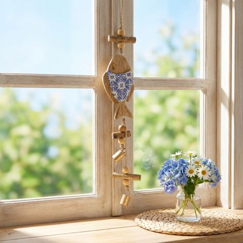 Product Wooden fish for hanging bell natural blue white H46cm