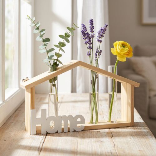 Wooden wall decoration, home decor, test tube vase, flower holder, 27.5x4.5x14.5cm | Floristik24.co.uk