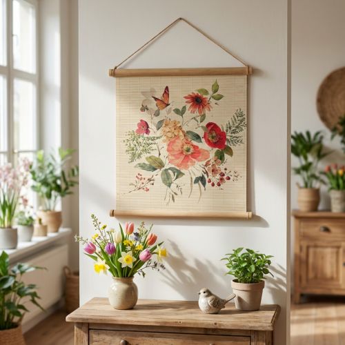 Floral decoration wall art, wooden bamboo mat wall decor with jute cord, H44 x W42cm for living room | Floristik24.co.uk