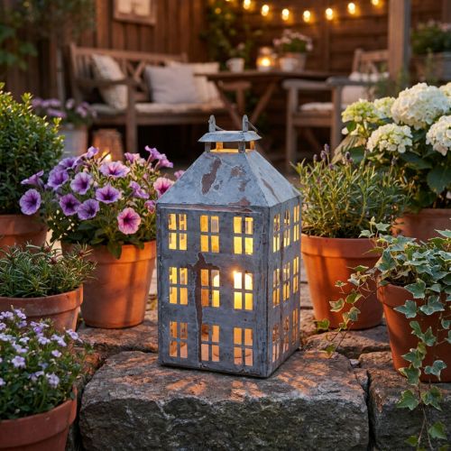 Vintage Metal Lantern Decorative Candle Holder House Design 35cm Grey | Floristik24.co.uk
