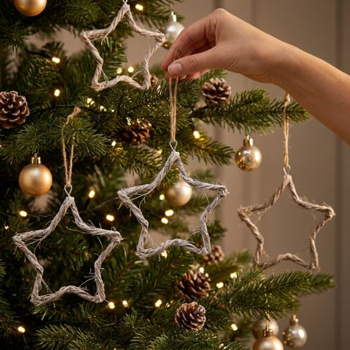 Christmas decoration star elm stars to hang white washed 20cm 4pcs | Floristik24.co.uk