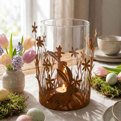 Lantern with rabbits, spring decoration, metal decoration with flowers, Easter patina Ø11.5cm H18cm | Floristik24.co.uk