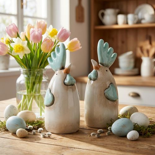 Ceramic Rooster Kitchen Decoration Chicken White Blue Brown H14.5cm 2 pcs | Floristik24.co.uk