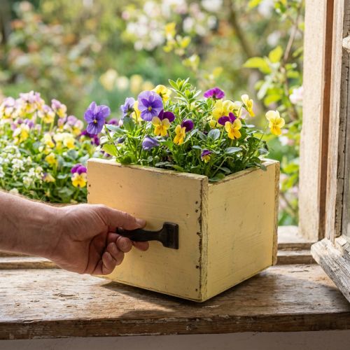 Shabby Decorative Drawer for Planting Yellow Wood 12.5×12.5×10cm | Floristik24.co.uk