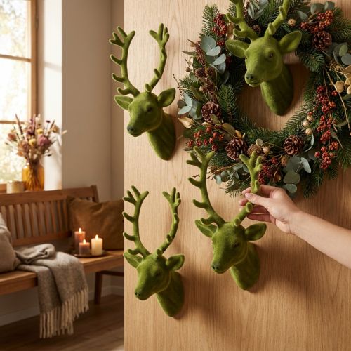 Decorative deer head flocked moss green 10cm x 20cm 3 pcs | Floristik24.co.uk