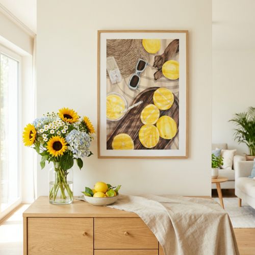 Wall decoration Sweet Lemon Time Print with lemons, lemonade and straw hat, 40x60cm in wooden frame | Floristik24.co.uk