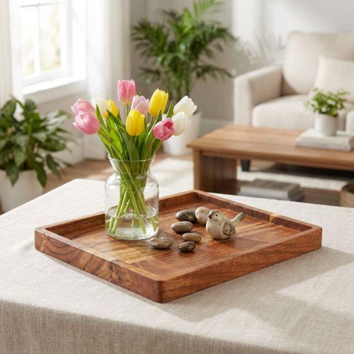 Decorative Acacia Wood Tray 30x25cm Oiled Finish | Floristik24.co.uk