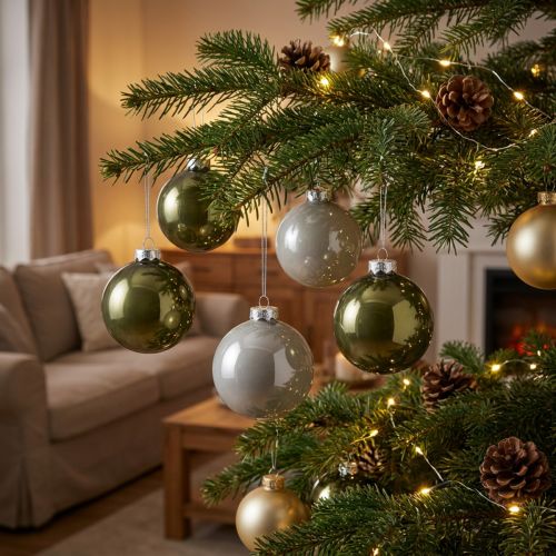 Christmas balls glass balls olive silver grey Ø7.5cm 12 pcs | Floristik24.co.uk