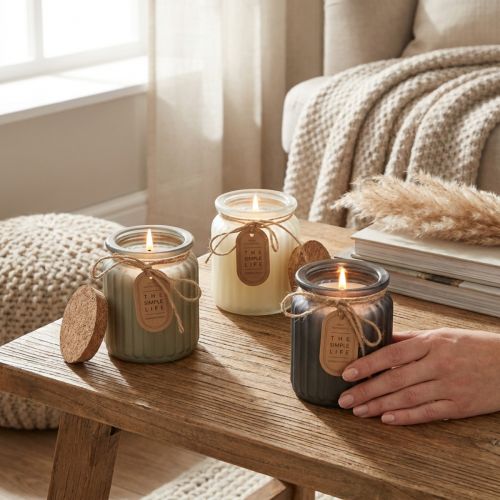 Product Scented Candles in Glass Sandalwood Cork Lid H9cm 3pcs