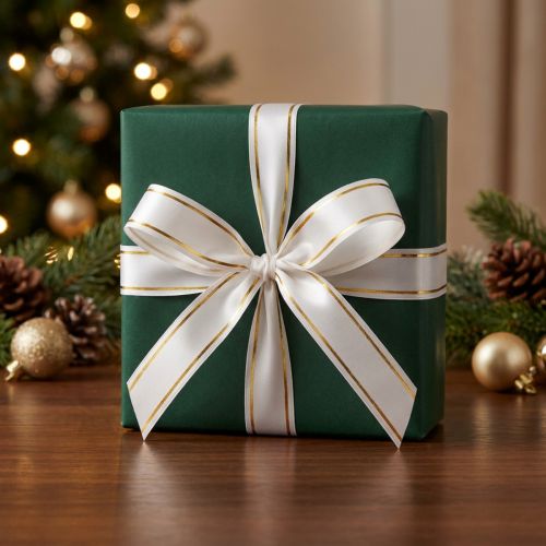 Product Gift ribbon 2 gold stripes on white 19mm 100m