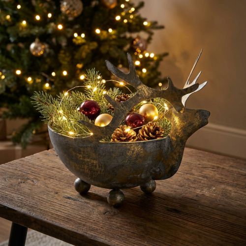 Bowl with reindeer head golden antique look metal Ø14cm | Floristik24.co.uk