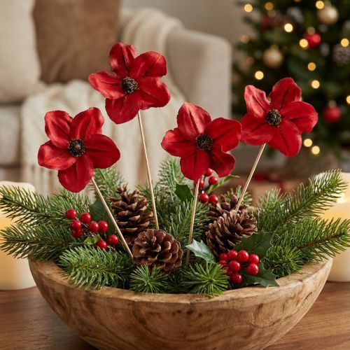 Wooden flower stakes, red, decorative, 9-12cm, 45cm, 15 pieces. | Floristik24.co.uk