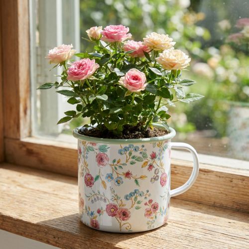 Planting cup roses enamel decorative cup with handle white Ø9.5cm | Floristik24.co.uk