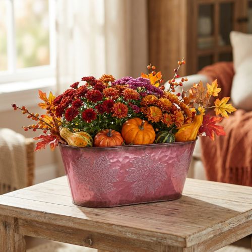 Bowl with leaf decoration, planter, autumn decoration, metal pot wine red L38cm H15cm | Floristik24.co.uk