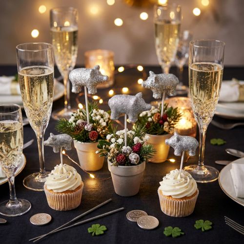 Product Lucky pig New Year's Eve lucky charm on a stick silver 3cm 6pcs