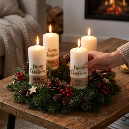 Christmas pillar candles, set of 4, white and gold, 60x130 mm - Festive decoration, pure natural wax | Floristik24.co.uk