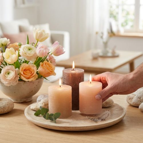 Set of 12 pillar candles in brown, 70x80mm, dyed throughout - Perfect for decoration, wellness and celebrations | Floristik24.co.uk