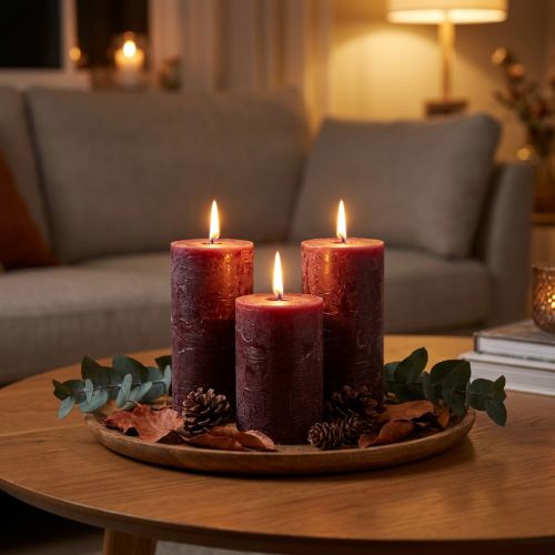 Set of 4 Burgundy pillar candles, solid color, 70x120mm - Decorative candles for home ambience & wellness | Floristik24.co.uk