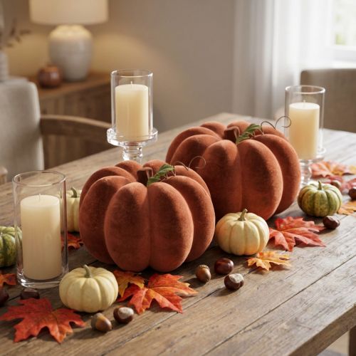 Product Flocked Decorative Pumpkin – Autumn Table Decoration in Rich Red-Brown, 20cm, Set of 2